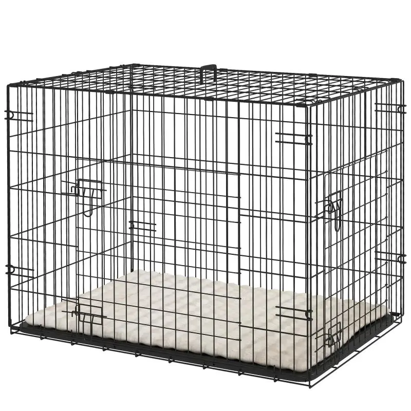 Dog crate, foldable dog transport crate with 2 doors, removable tray, washable cushion, 75x48.5x53cm, black