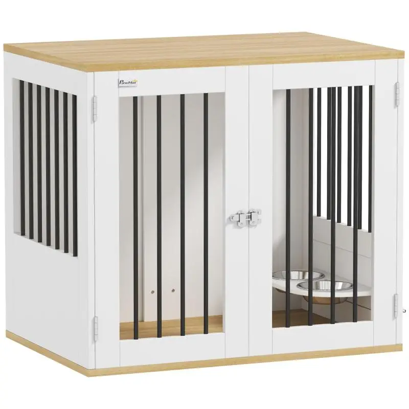 Dog Crate Side Table with Rotating Bowls, White