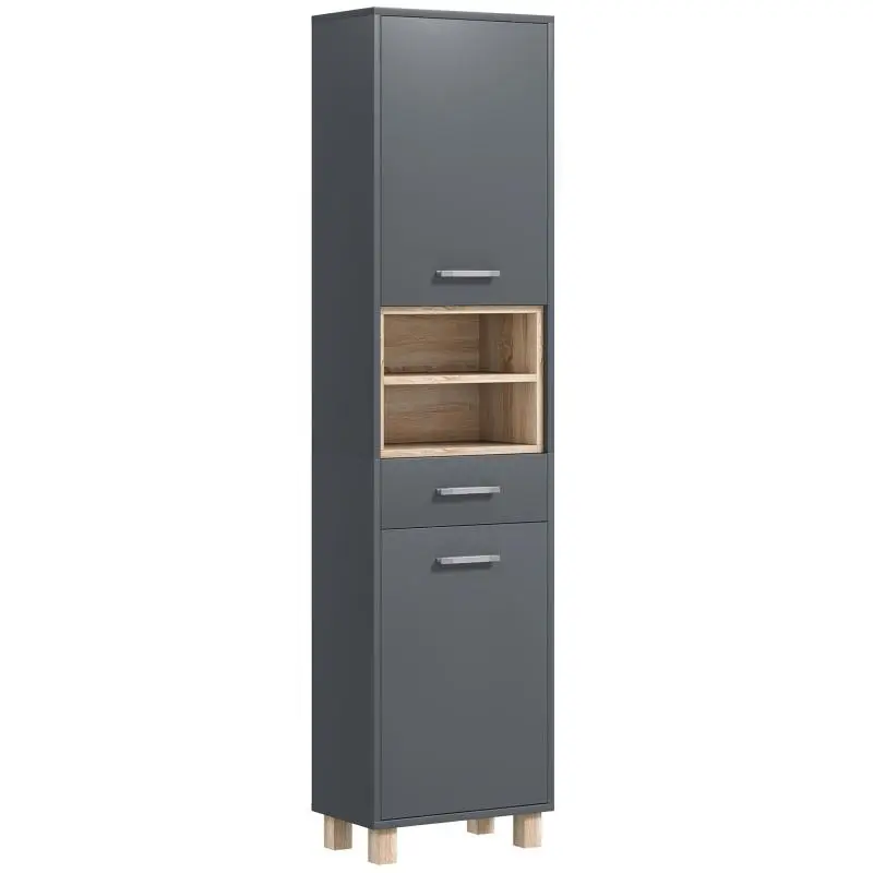 Bathroom Storage Unit with 2 Cupboards, Drawer and Open Compartments