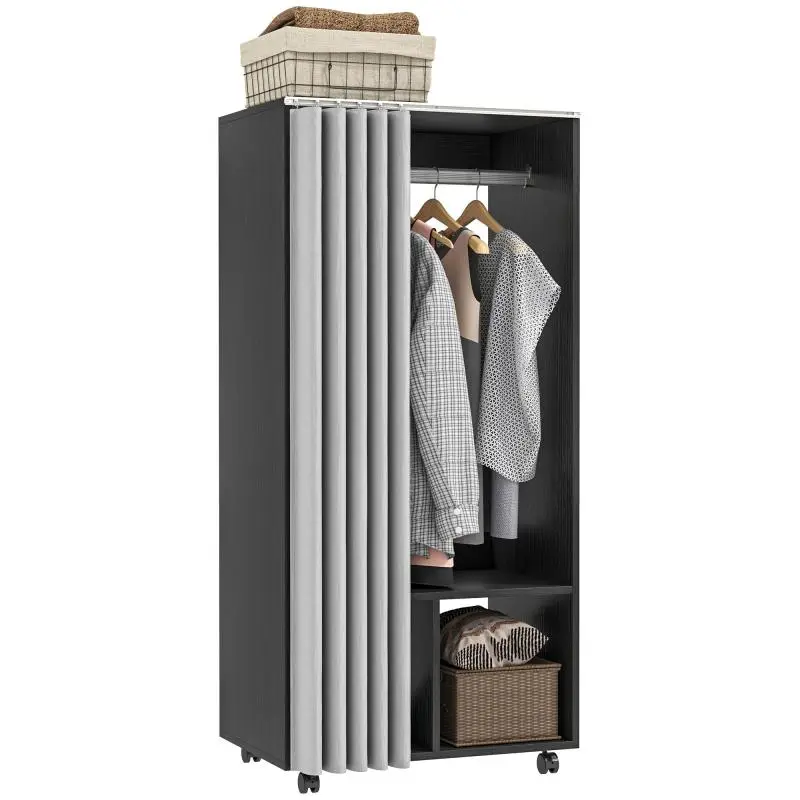 Mobile Storage Wardrobe with Curtain, Black