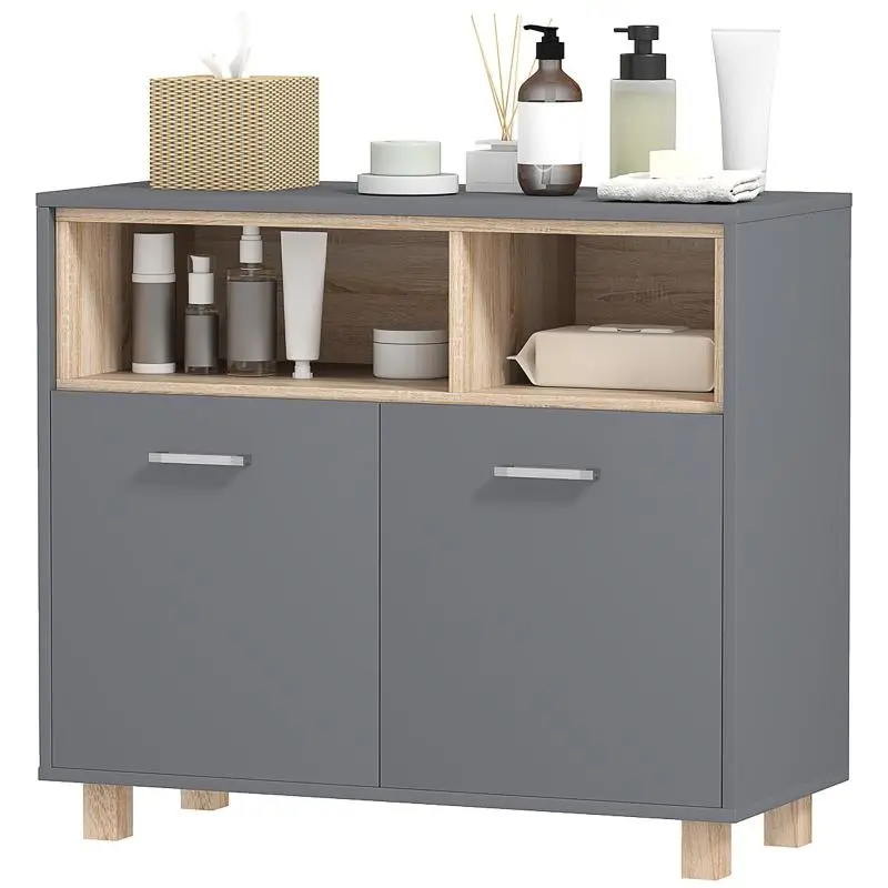 Bathroom Storage Unit with Open Compartments and Double Doors