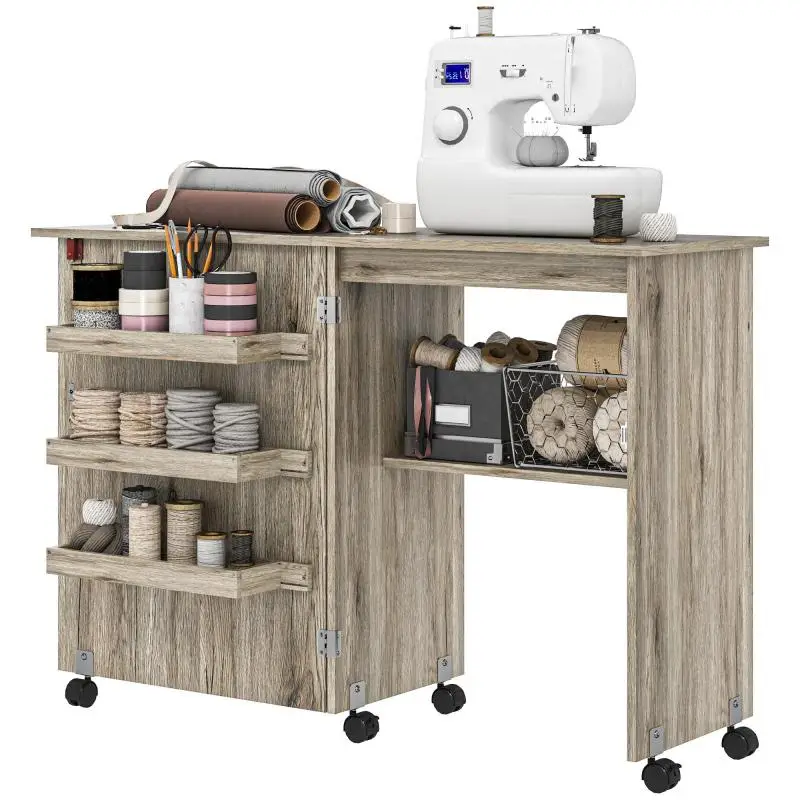 Folding sewing table, drop-leaf sewing cabinet with storage bins, open shelf and grey wood-effect casters
