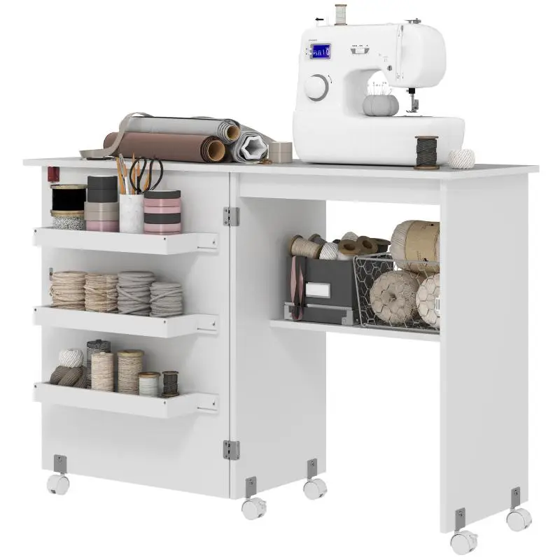 Folding Sewing Table with Storage, White