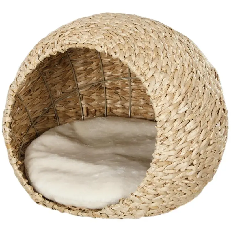 Cat basket, cat house, soft cushion, spacious interior, made of cattail, 45 x 41 x 37 cm, brown