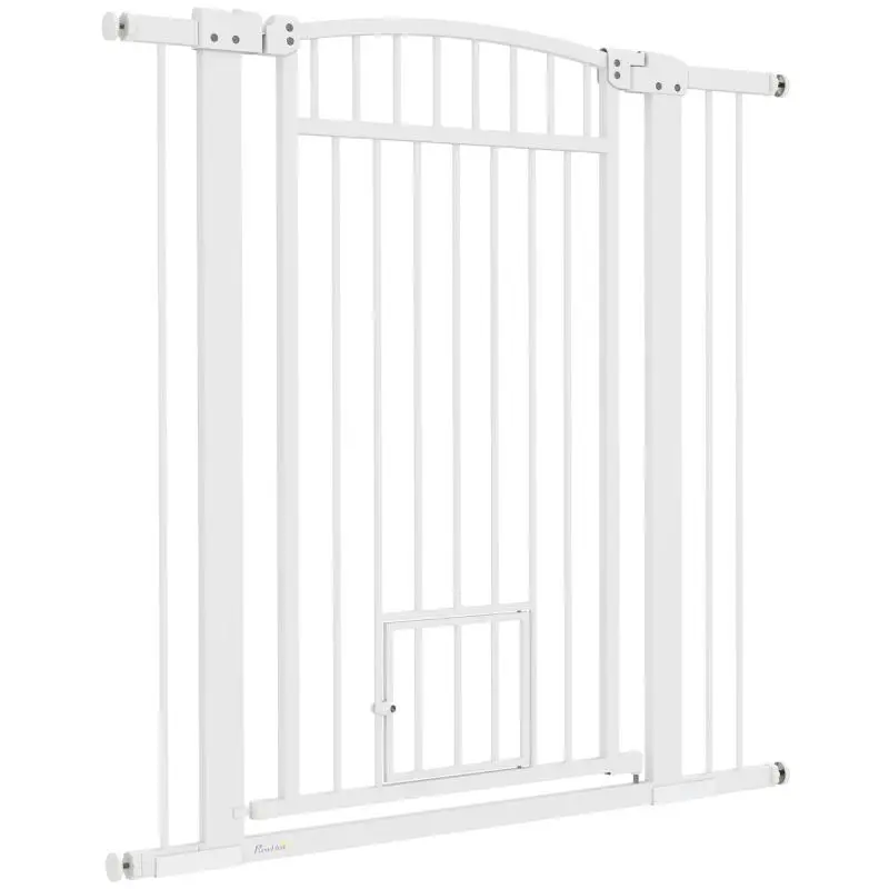 Dog gate, adjustable width 76-102cm, extra wide gate with cat door, white