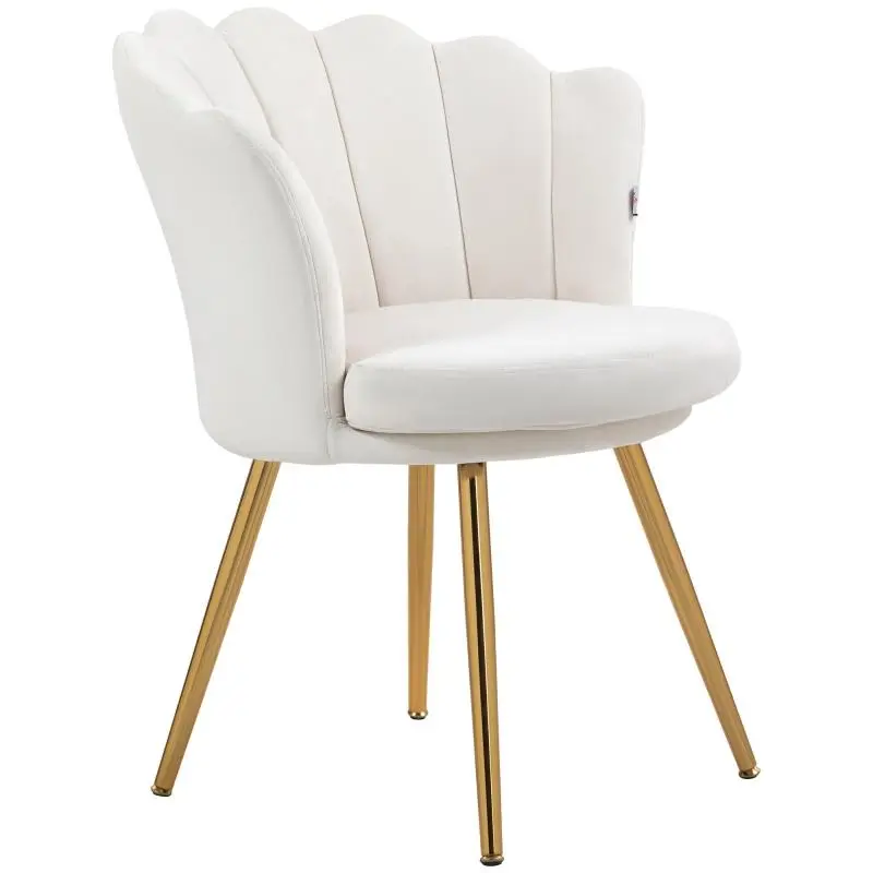 Shell-shaped armchair, dressing chair, velvet armchair, lounge chair with cream-colored gold metal legs