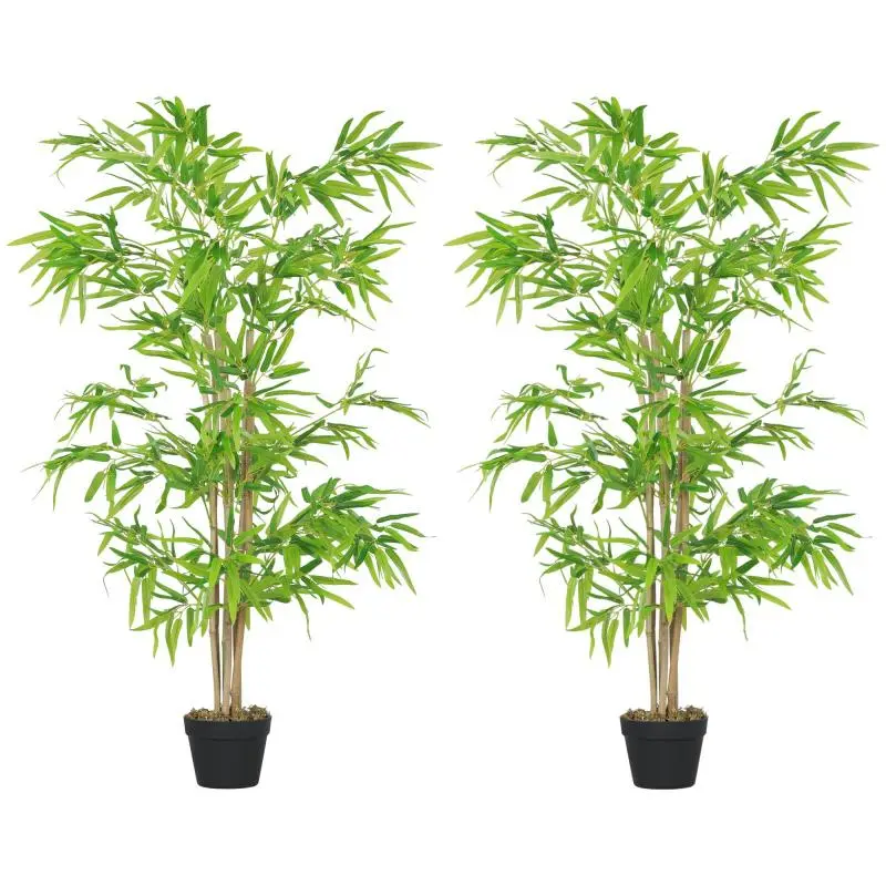 Set of 2 artificial bamboo plants, 1.5 m tall, 644 realistic, dense leaves, pot included, black with green lichen
