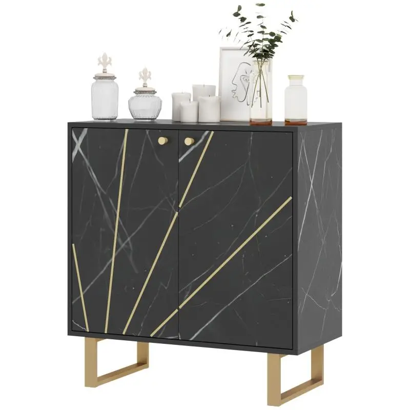 Storage sideboard with 2 doors and adjustable shelf, metal legs, 76 x 35 x 77 cm, black marble finish