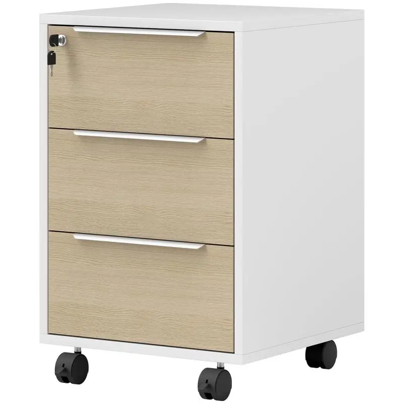 Office pedestal on casters with 3 drawers and lock, office storage unit on wheels, 40 x 40 x 63.5 cm, oak