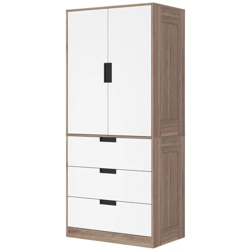 2-door wardrobe, modern wardrobe with 3 drawers and hanging rail for bedroom, brown