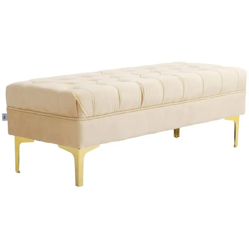 Upholstered bench/bench for the end of a bed, classic chic style, dimensions 118L x 45W x 42H cm, gold metal legs, beige velvet