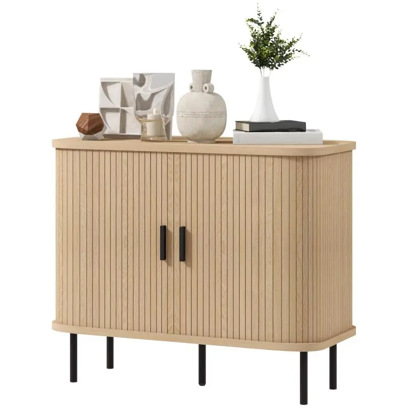 Buffet storage unit with sliding slatted doors, kitchen cabinet with steel legs, oak finish