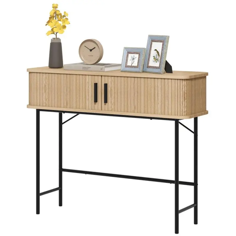 Console table with sliding slatted doors and steel legs, for living room, oak and black