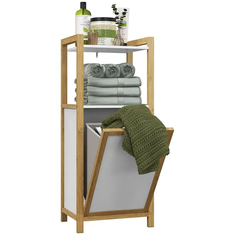 Bamboo Bathroom Unit with Laundry Basket and 2 Shelves