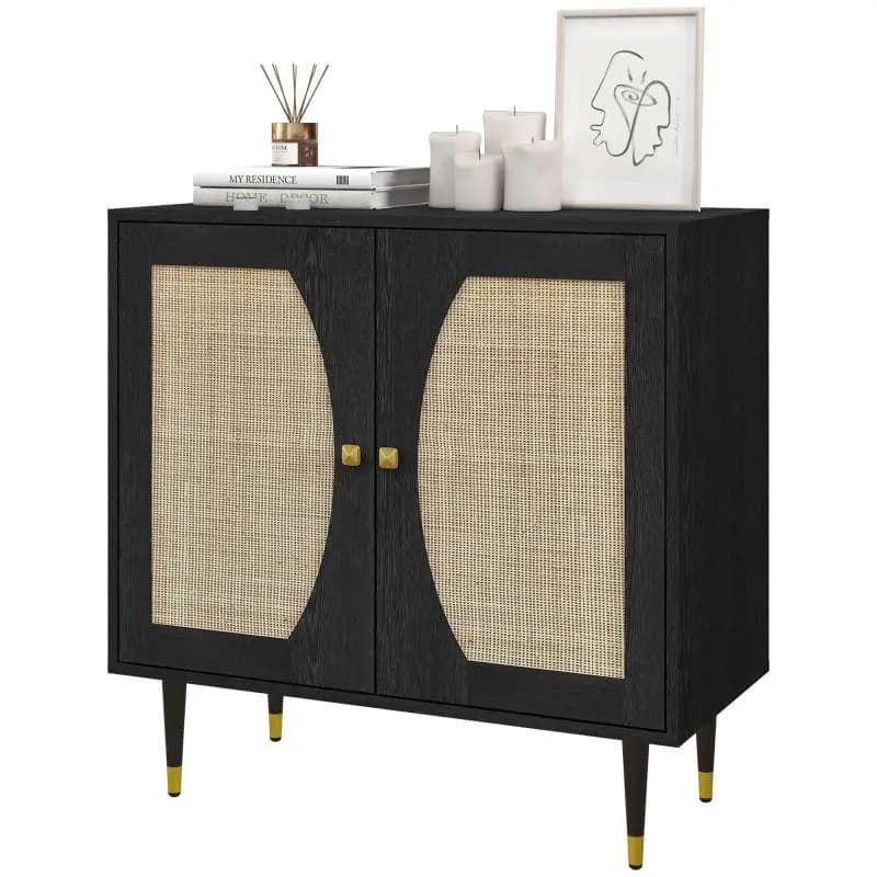 Bohemian design kitchen sideboard/storage unit with two doors and two shelves, rattan front, 80 x 38 x 79 cm, black