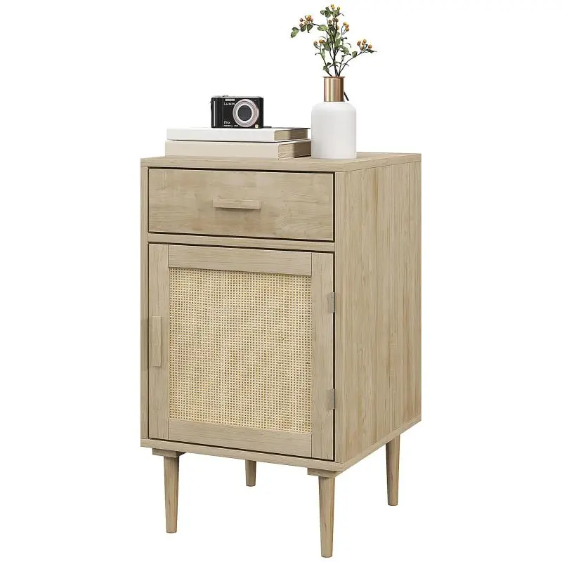 Bedside Table with Rattan Door and Drawer