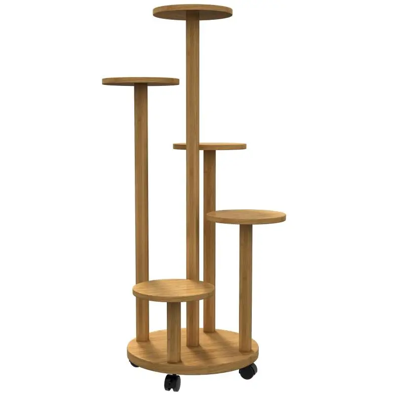 5-Tier Bamboo Plant Stand on Wheels, 33 cm
