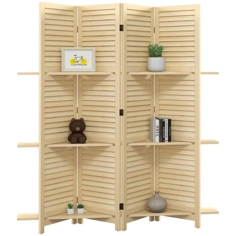 Foldable 4-Panel Room Divider with 3 Shelves