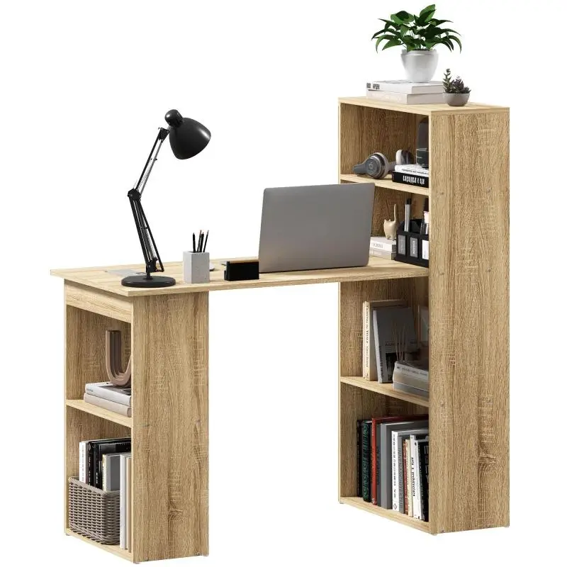 Computer Desk with Storage Shelf and Bookcase, Oak