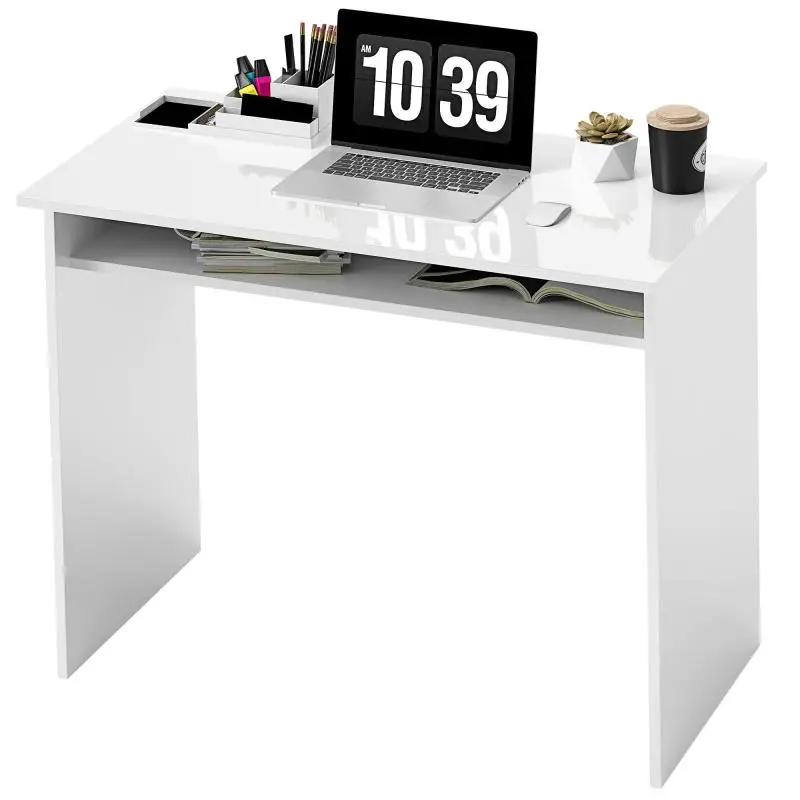 White Computer Desk with Storage Shelf, 90 cm