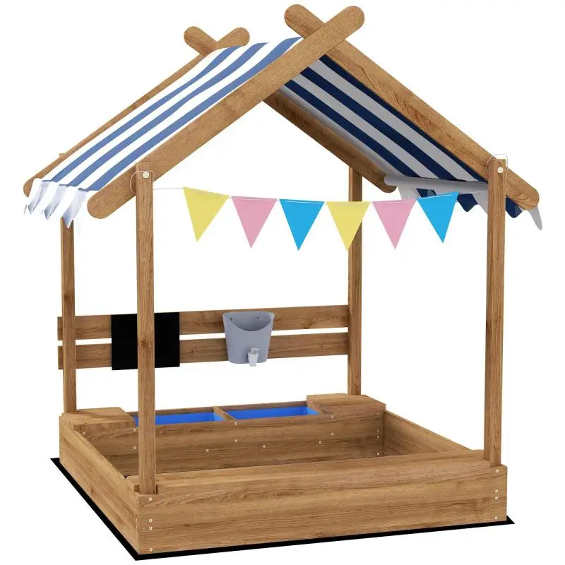 Wooden Playhouse Sandbox with Canopy and Chalkboard