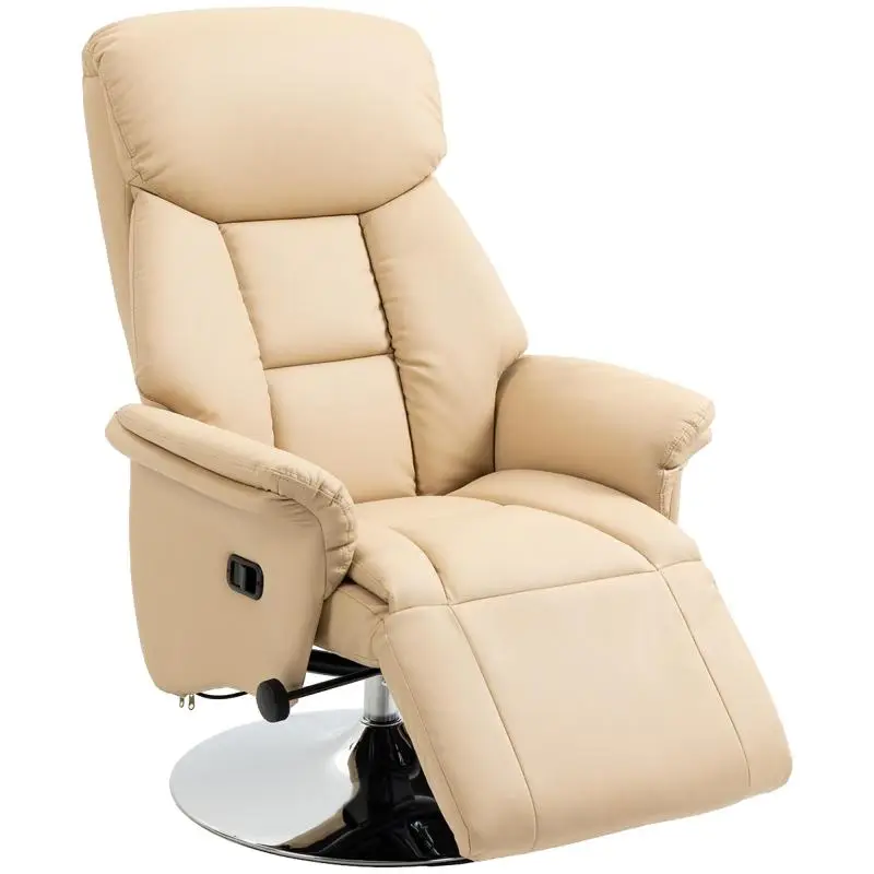 Swivel reclining armchair with adjustable footrest, armrests, chromed steel base, and beige PU synthetic upholstery.