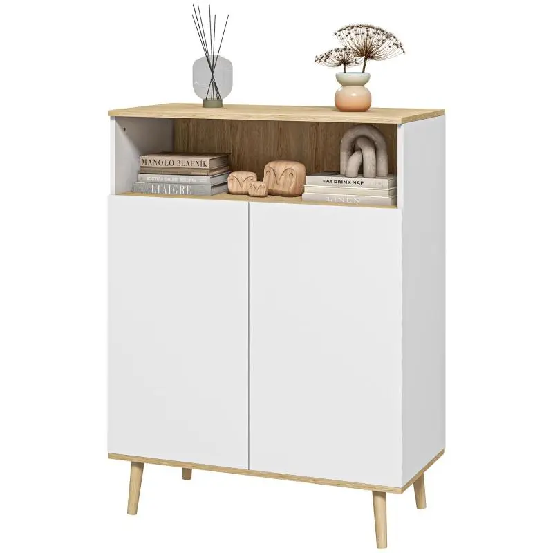 Freestanding Sideboard with 2 Doors, White and Wood-Effect