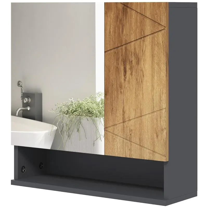 Bathroom mirrored wall cabinet, 2-door storage cupboard, 55 x 17 x 55 cm, natural dark grey