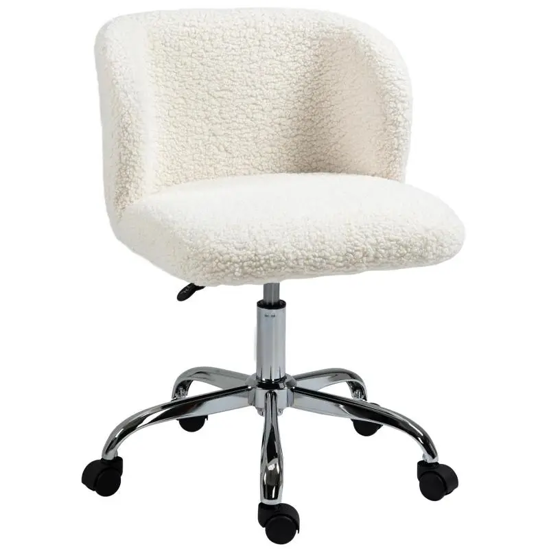 Armless White Office Chair with Bouclé-Effect Finish