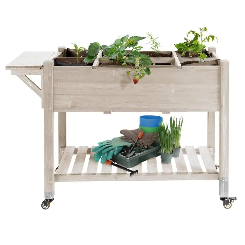 Mobile Raised Planter with Shelf and Side Table
