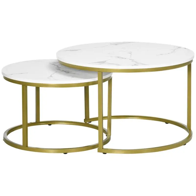 Set of 2 Nesting Coffee Tables, White and Gold