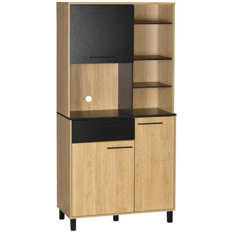 Multi Storage Kitchen Cabinet with Drawer, 3 Cabinets, 4 Open Niches, Size: 90x40x180cm, Black and Natural Wood