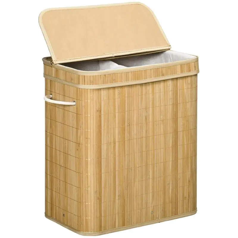 Bamboo Laundry Basket with 2 Compartments, 90 L