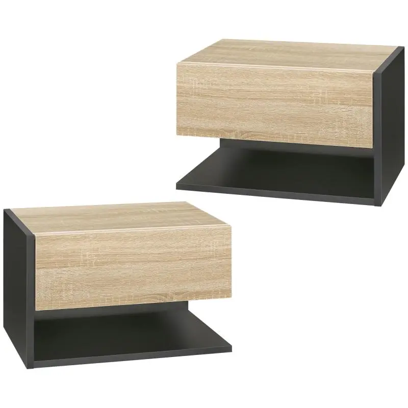 Set of 2 Wall-Mounted Bedside Tables with Drawer and Shelf