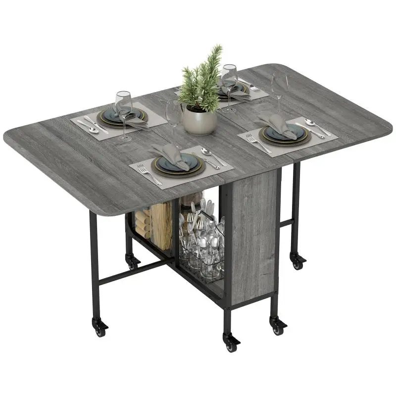 Extendable Folding Dining Table with Shelf and Wheels