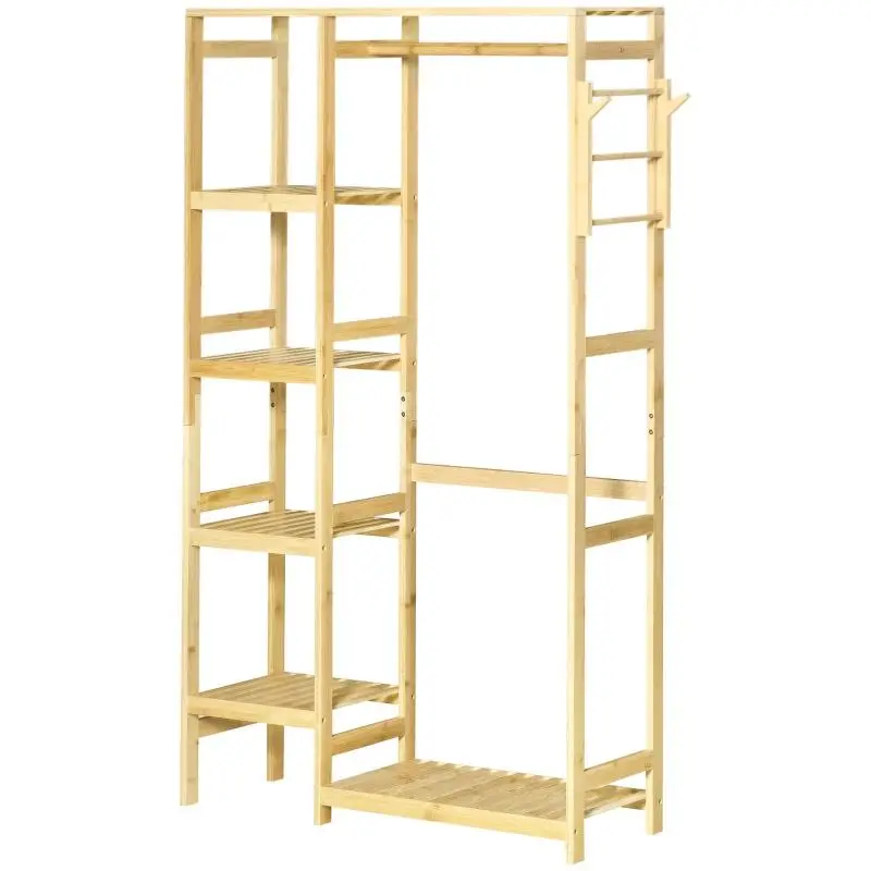 Bamboo Garment Rack with 4 Shelves and Hanging Rail