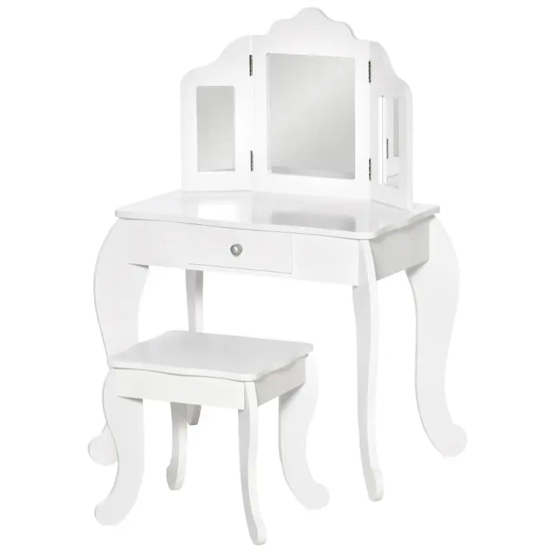 Children's Vanity Table with Stool and Tri-Fold Mirror