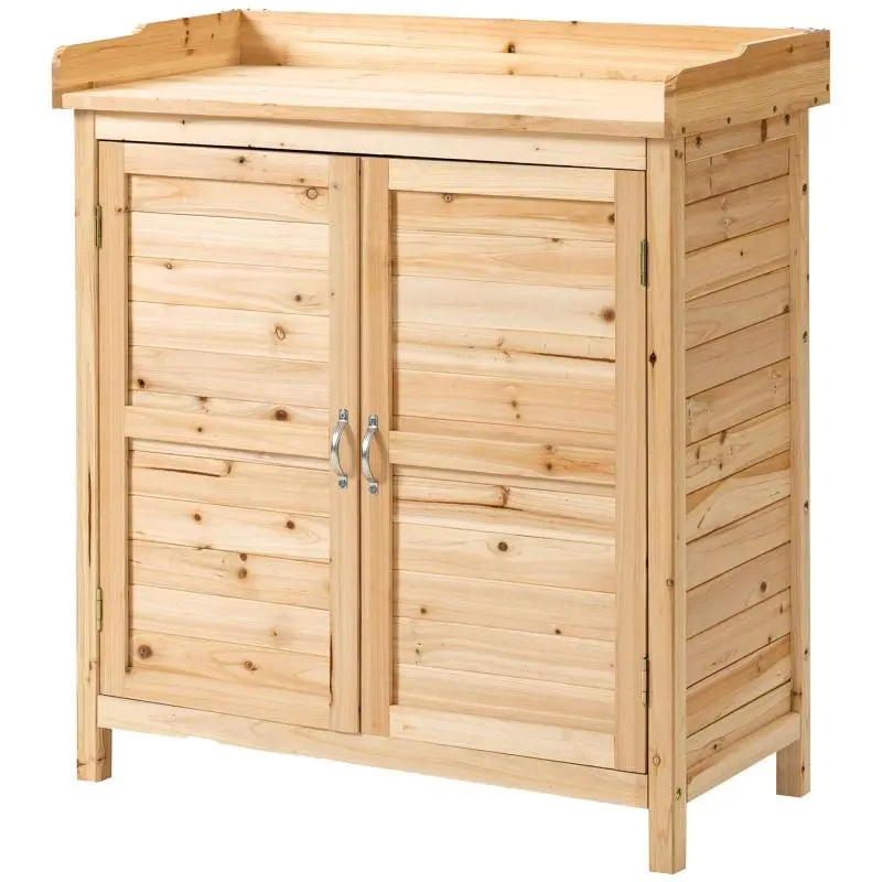 Garden shed/tool ??storage unit with double doors and internal shelf, made of pre-oiled solid fir wood, dimensions 83L x 40W x 92H cm, natural finish