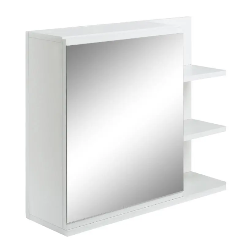 Bathroom Mirror Cabinet with 3 Side Shelves, Wall Mounting Kit Included, White Wood Finish