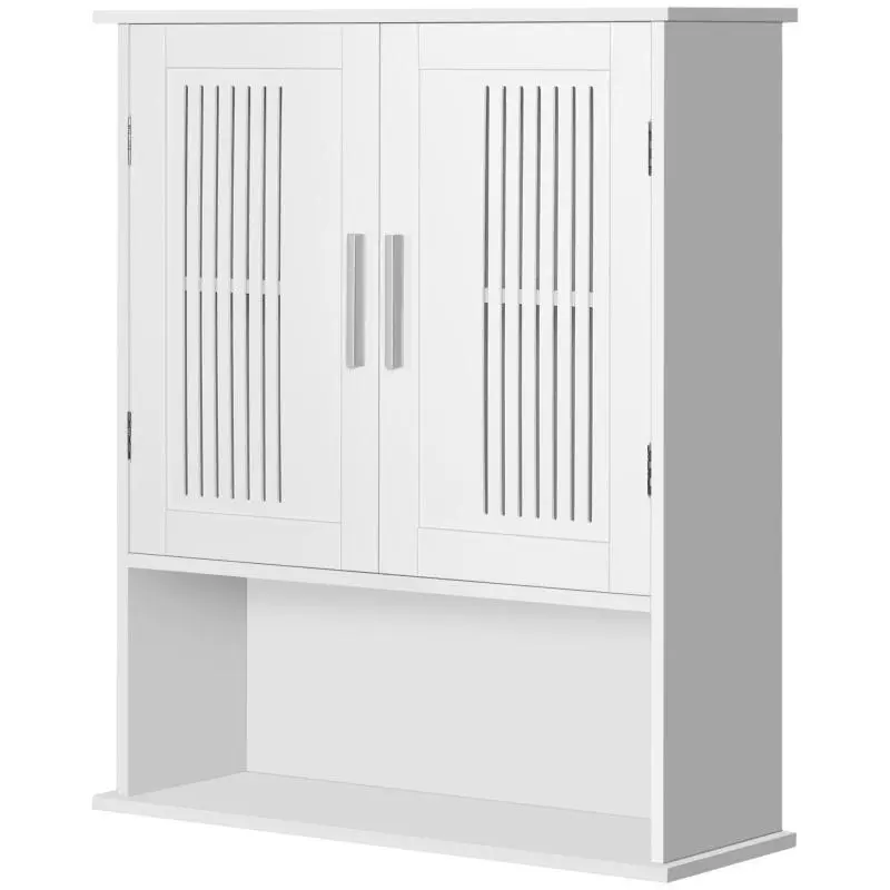 Wall-mounted bathroom cabinet with adjustable shelf, double door and open shelf, 60 x 20 x 70 cm, white