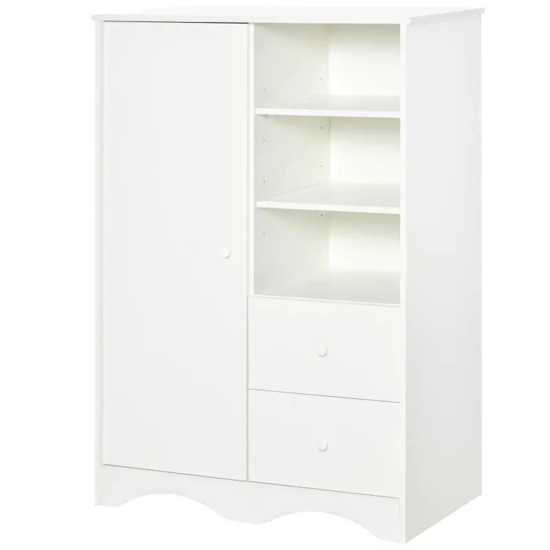 Wardrobe with door and 5 shelves, 3 niches, 2 drawers, white storage unit for bedroom, living room, office