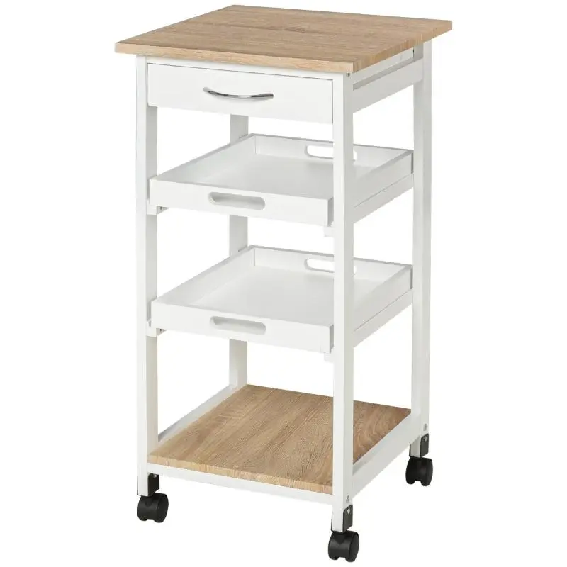 Kitchen Service Trolley with 2 Trays and Drawer