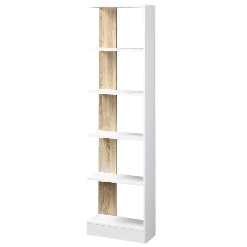 Bookcase with 5 Open Compartments, White and Oak