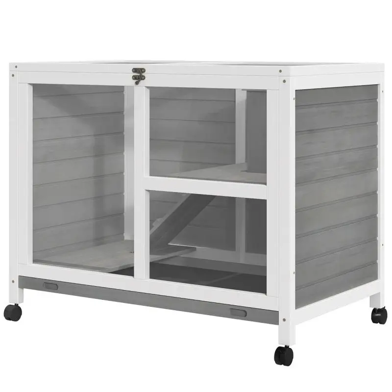 Solid Wood Rabbit Hutch with Wheels, Grey