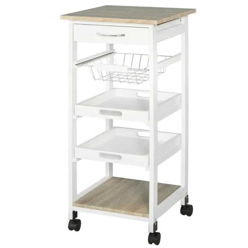 Kitchen Service Trolley with Basket and 2 Trays