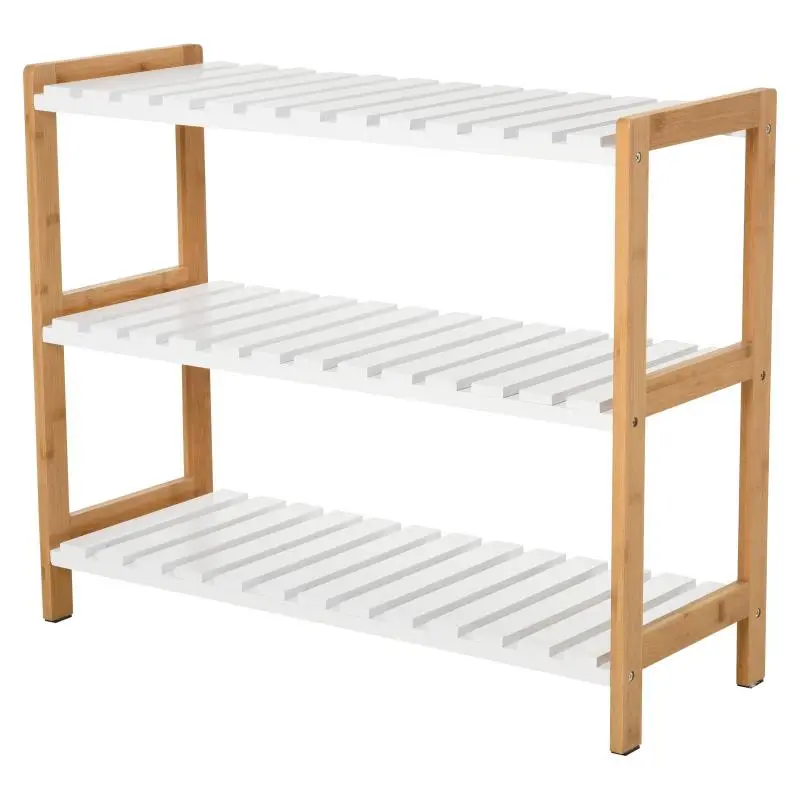 3-Tier Shoe Rack, White and Natural Wood