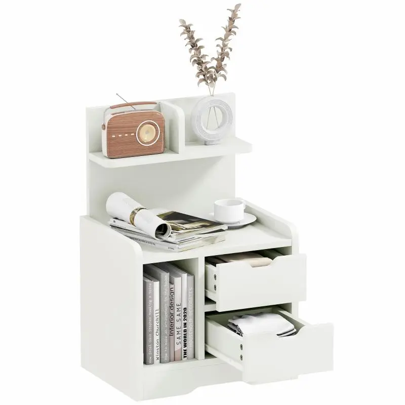 White Bedside Table with 2 Drawers and Open Shelf
