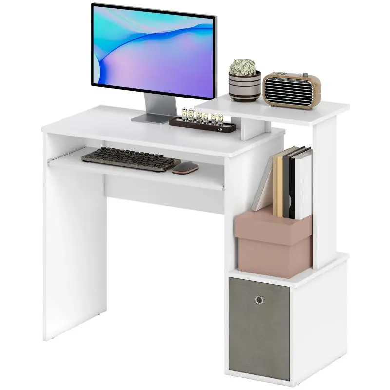 Computer Desk with Shelves and Keyboard Tray, Grey and White