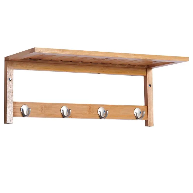 Wall-Mounted Coat Rack with Shelf, 4 Hooks, Bamboo