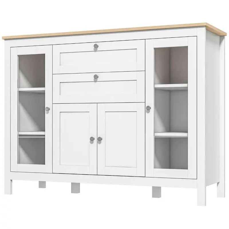 Sideboard with Glass Doors, Drawers and Adjustable Shelves